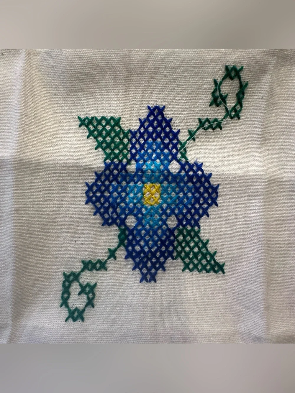 Vintage 4 Hand Embroidered Napkins Blue Flower Cross-Stitch 11